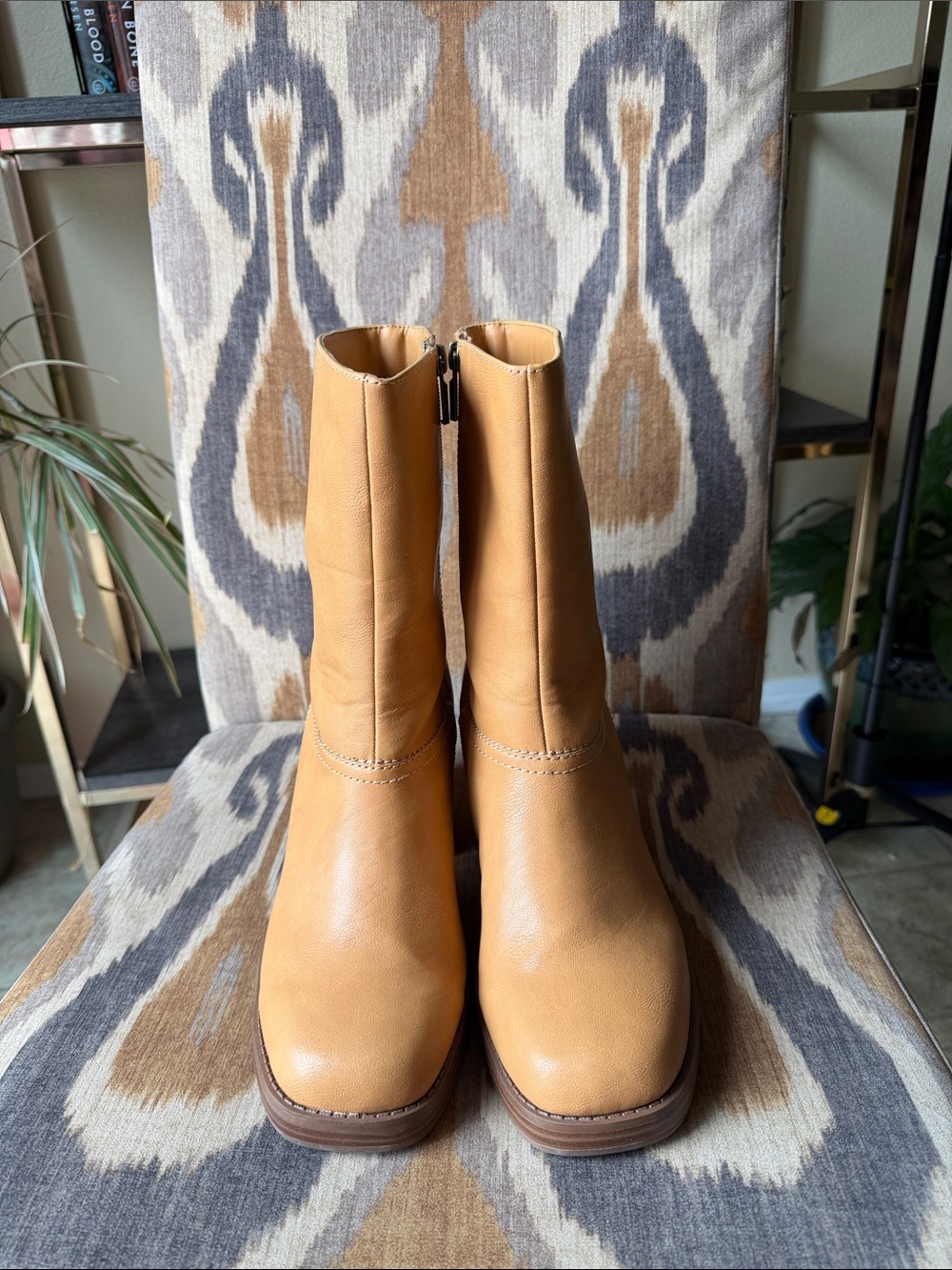 Sun + Stone Tan Leather Mid-Calf Heeled Boots NWOT
